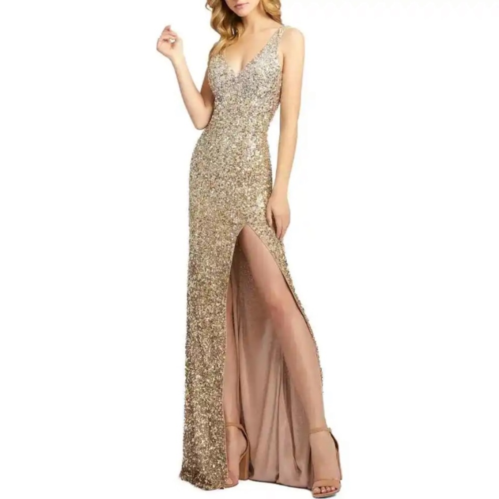 Mac Duggal 1068 Shimmering Gold Sleeveless V-Neck Slit Sequin Formal Gown